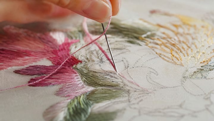 Illustrative needlework detail showing colored thread laid across a floral design