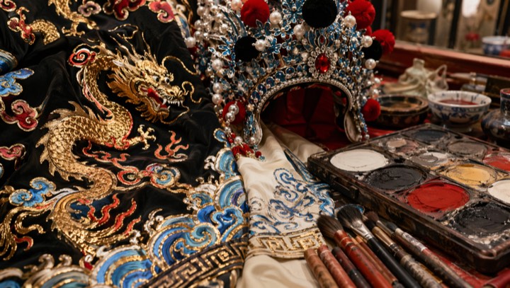 Peking opera embroidered costume, headdress, makeup palette, and brushes