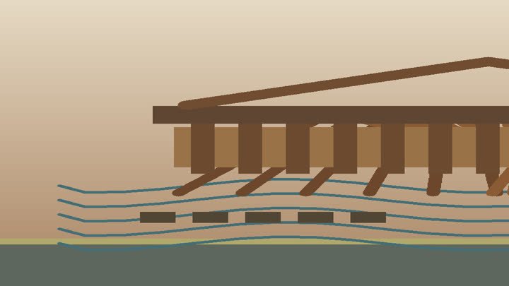 Close detail of interlocking timber beams, tenon joints, wedges, and bridge measurement marks