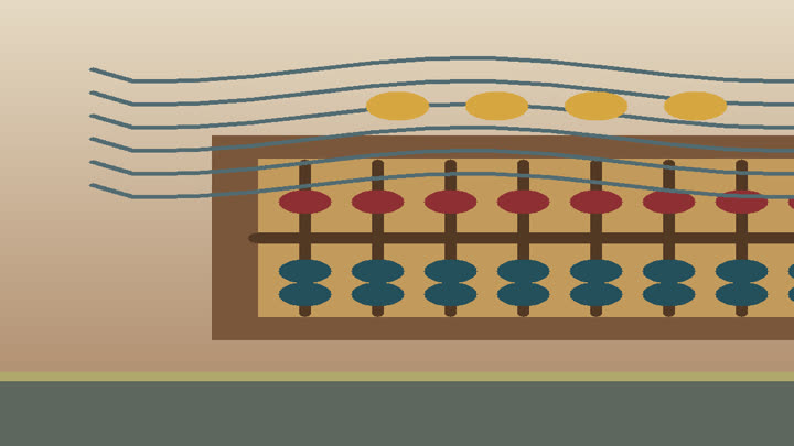 Close detail of abacus beads, place-value rods, calculation formulas, and notebook grid