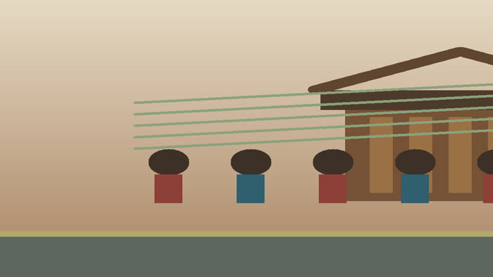 Close detail of Dong Grand Song voice lines, drum tower woodwork, textile pattern, and choir arrangement
