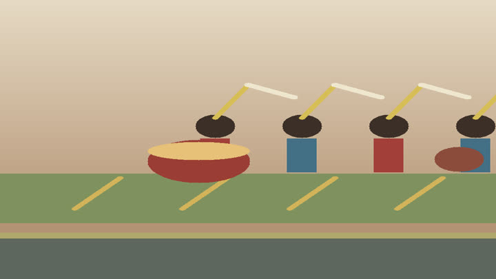 Close detail of farmers' dance drum skin, gong, ribbon hat, costume sleeve, and harvest grain