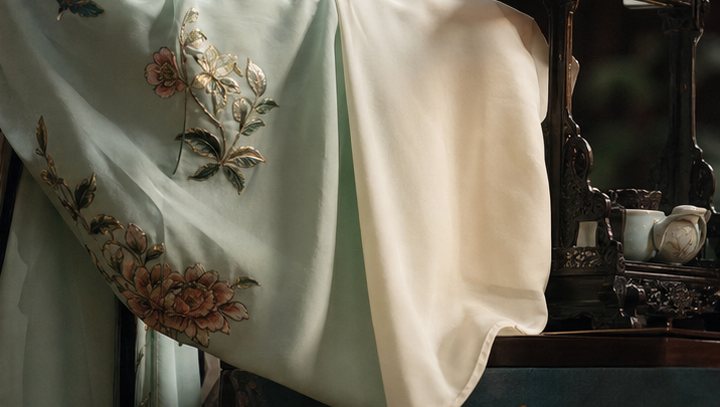 Embroidered Kunqu costume sleeve, folding fan, and traditional stage prop table