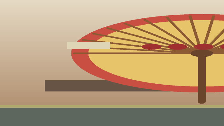 Close detail of Luzhou oil-paper umbrella bamboo ribs, oiled paper fibers, painted flower, hub thread, and handle joint