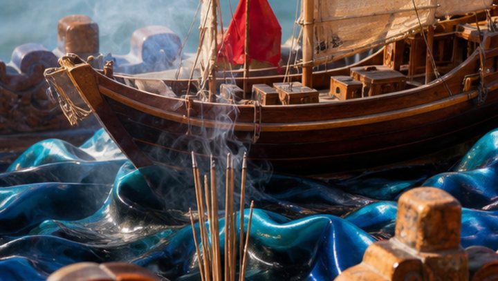 Boat model, incense smoke, carved wood, and ocean-colored fabric for Mazu maritime customs