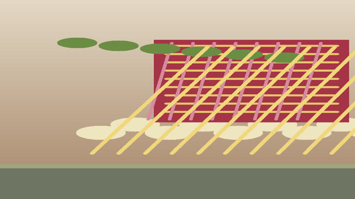 Close detail of silk thread, cocoons, mulberry leaves, and woven brocade sample