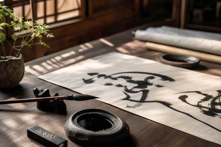 Chinese calligraphy brush, inkstone, and paper on a quiet worktable