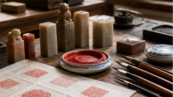 Chinese seal engraving worktable with stone seals, red seal paste, brushes, and impressions