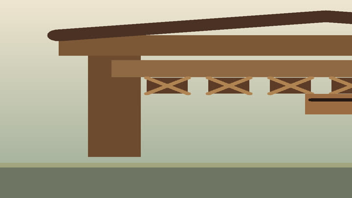 Chinese timber-frame construction with beams, columns, bracket sets, and carpenter tools