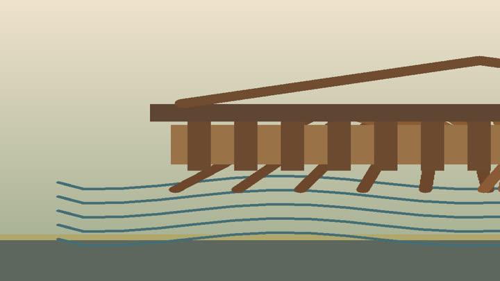 Chinese wooden arch bridge with interlaced beams, covered walkway, river stones, and timber tools