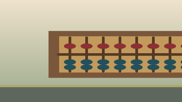 Chinese abacus with counting beads, formula cards, ledger paper, brush, and classroom calculation setting