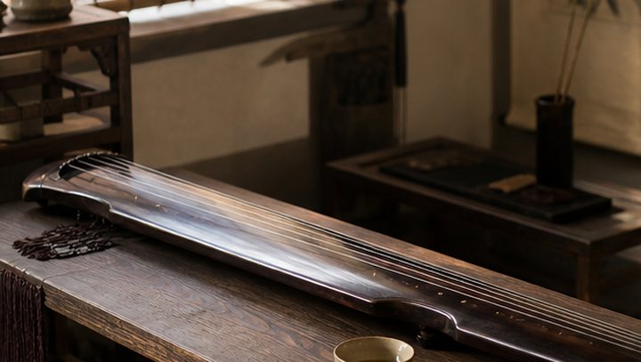 Seven-string guqin resting on a low wooden table in a quiet studio