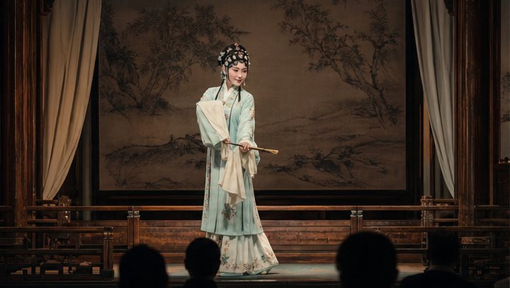 Kunqu opera performer on a small traditional theatre stage