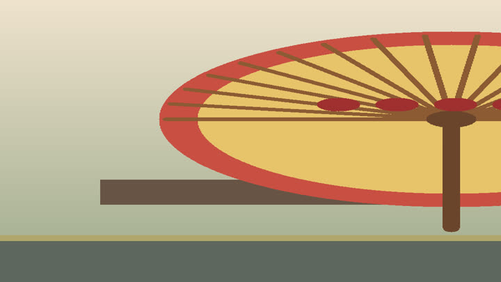 Luzhou oil-paper umbrella workshop with open painted canopy, bamboo ribs, tung oil bowl, paper sheets, and wooden handle