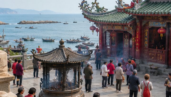 Coastal Fujian temple courtyard near the sea during Mazu community customs