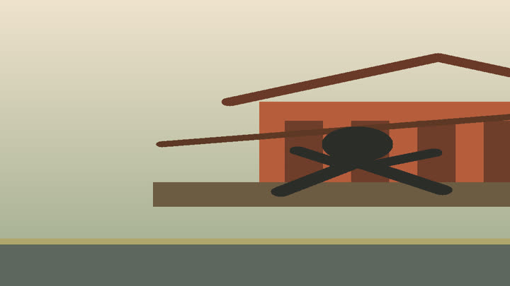 Shaolin Kung Fu training yard with stance marks, staff, practice robes, temple gate silhouette, and mountain outline