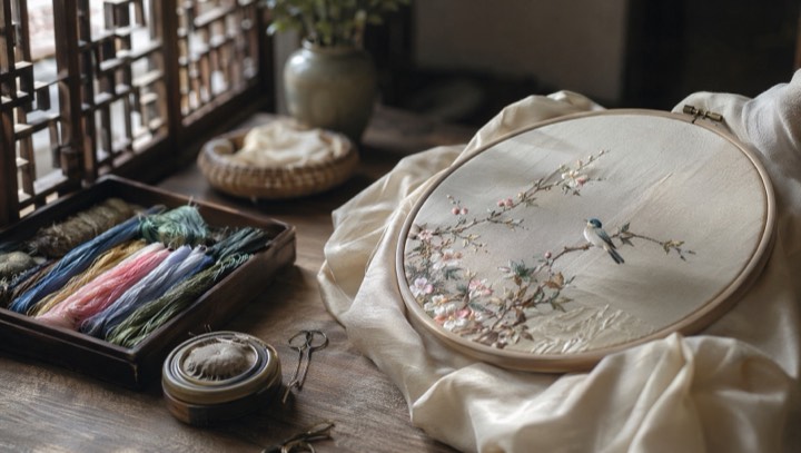 Silk thread and Shu embroidery on a quiet craft table in Sichuan