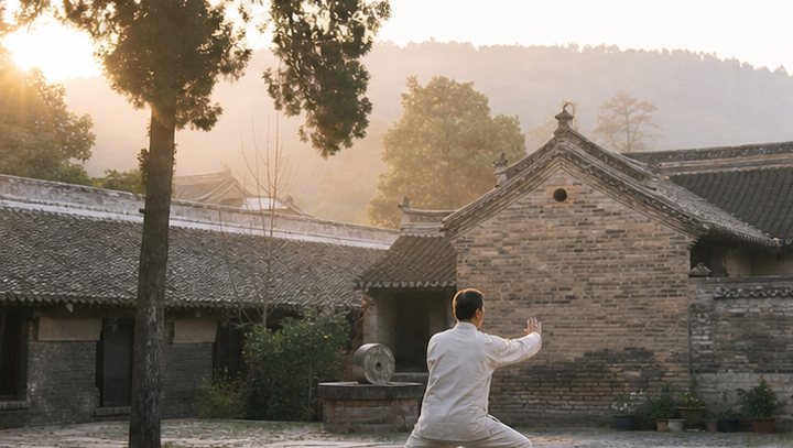Taijiquan practitioner in a Henan-style courtyard at dawn