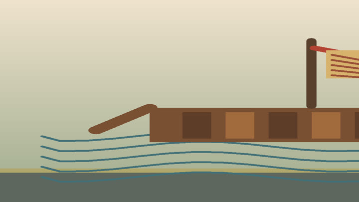 Fujian-style wooden junk with visible watertight compartments, timber planks, sail, and dock tools