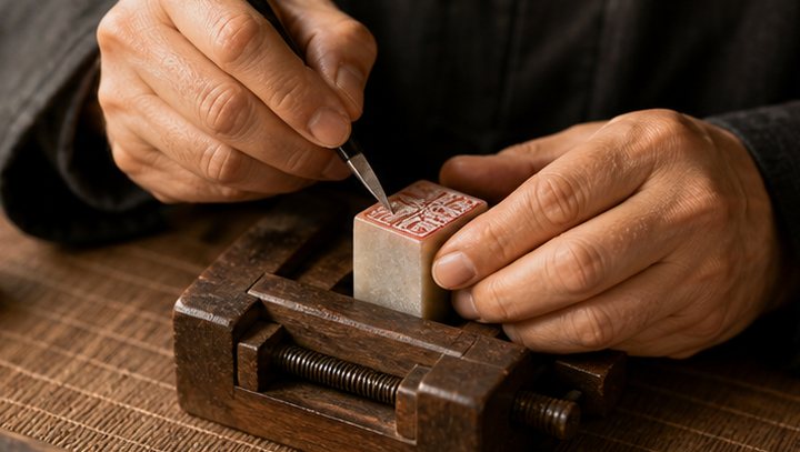 Artisan hands engraving a stone seal with a small knife on a safe work clamp