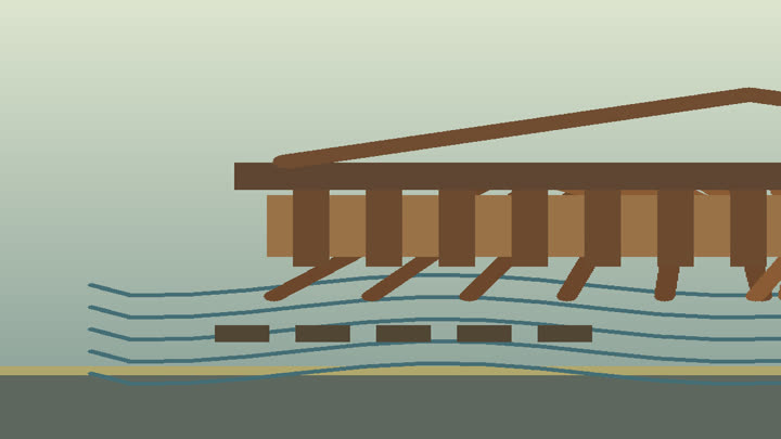 Wooden arch bridge construction scene with beam-weaving, mortise-and-tenon joints, ropes, and carpenter tools
