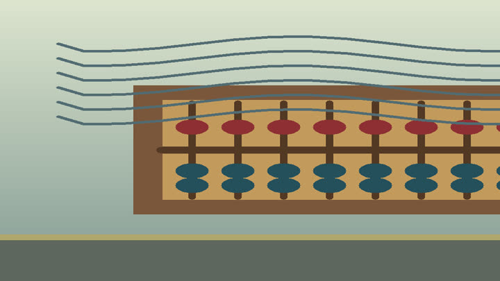 Hands practicing Chinese Zhusuan on an abacus with bead positions, oral formula notes, and arithmetic examples