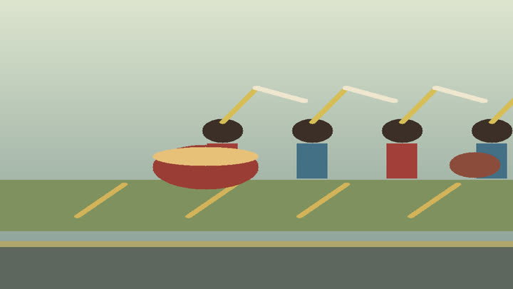Farmers' dance preparation with percussion instruments, formation marks, field offering table, and dancers' hats