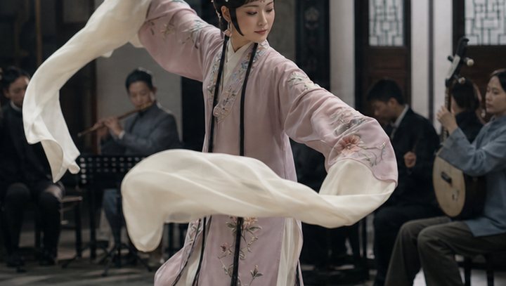 Kunqu opera rehearsal with flowing sleeve movement and musicians behind the performer