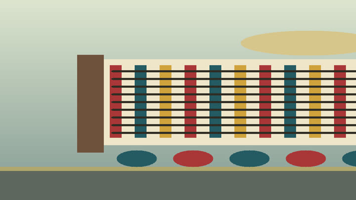 Li textile process with spinning tools, dyed threads, loom, shuttle, and embroidered cloth