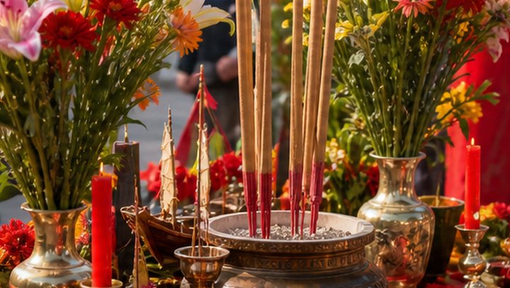 Mazu festival offering table with flowers, incense, candles, and ceremonial objects