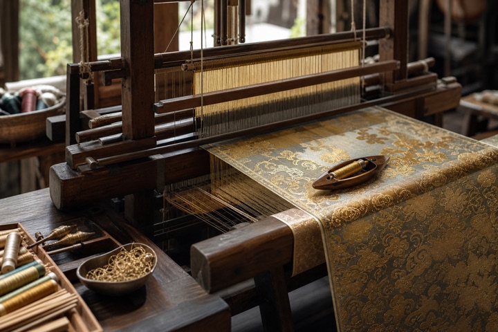 Traditional loom and brocade textile in progress in a Nanjing Yunjin workshop