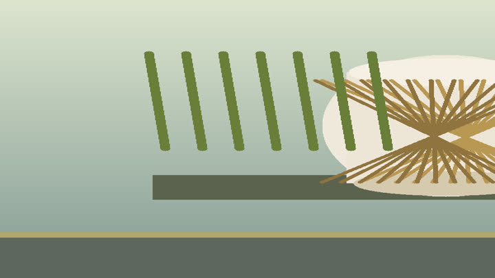 Porcelain-body bamboo weaving process with split bamboo, thin filaments, porcelain cup form, weaving grid, and trimming knife