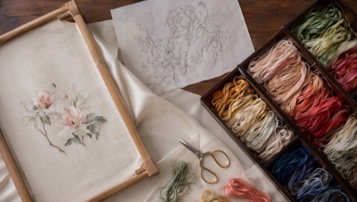 Materials for Shu embroidery arranged on a worktable