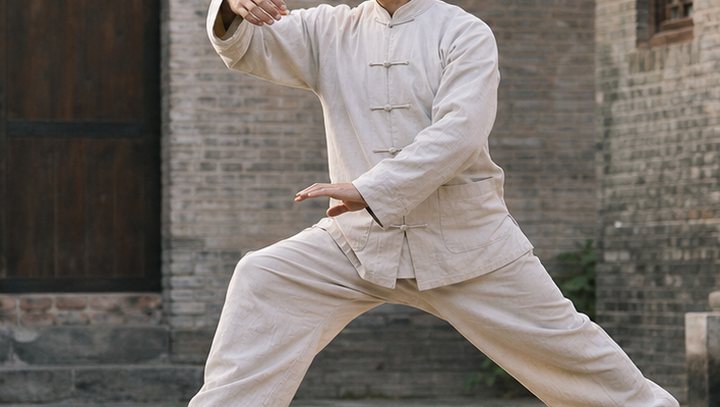Taijiquan practitioner demonstrating slow rounded arm movement and balanced footwork