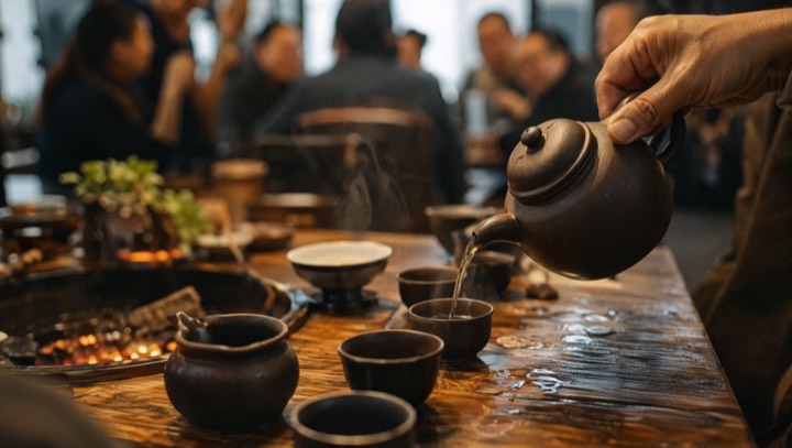Chinese tea poured into small cups at a teahouse table