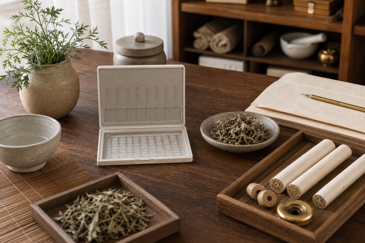 Moxa rolls, mugwort, and acupuncture tools arranged for educational viewing